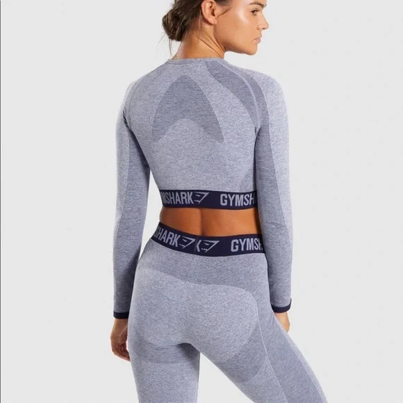 Gymshark Flex Long Sleeve Crop Top - Steel Blue Marl/Evening Navy Blue - Picture 3 of 6